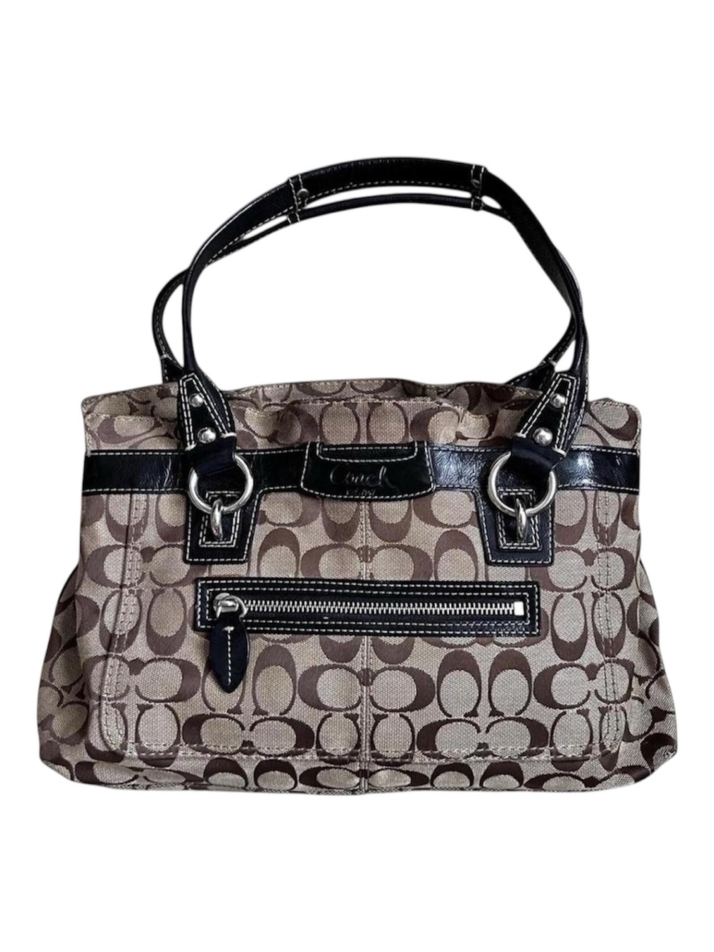 COACH Bag Brown Black Leather Trim Shoulder Purse Tote Bag Authentic Vintage